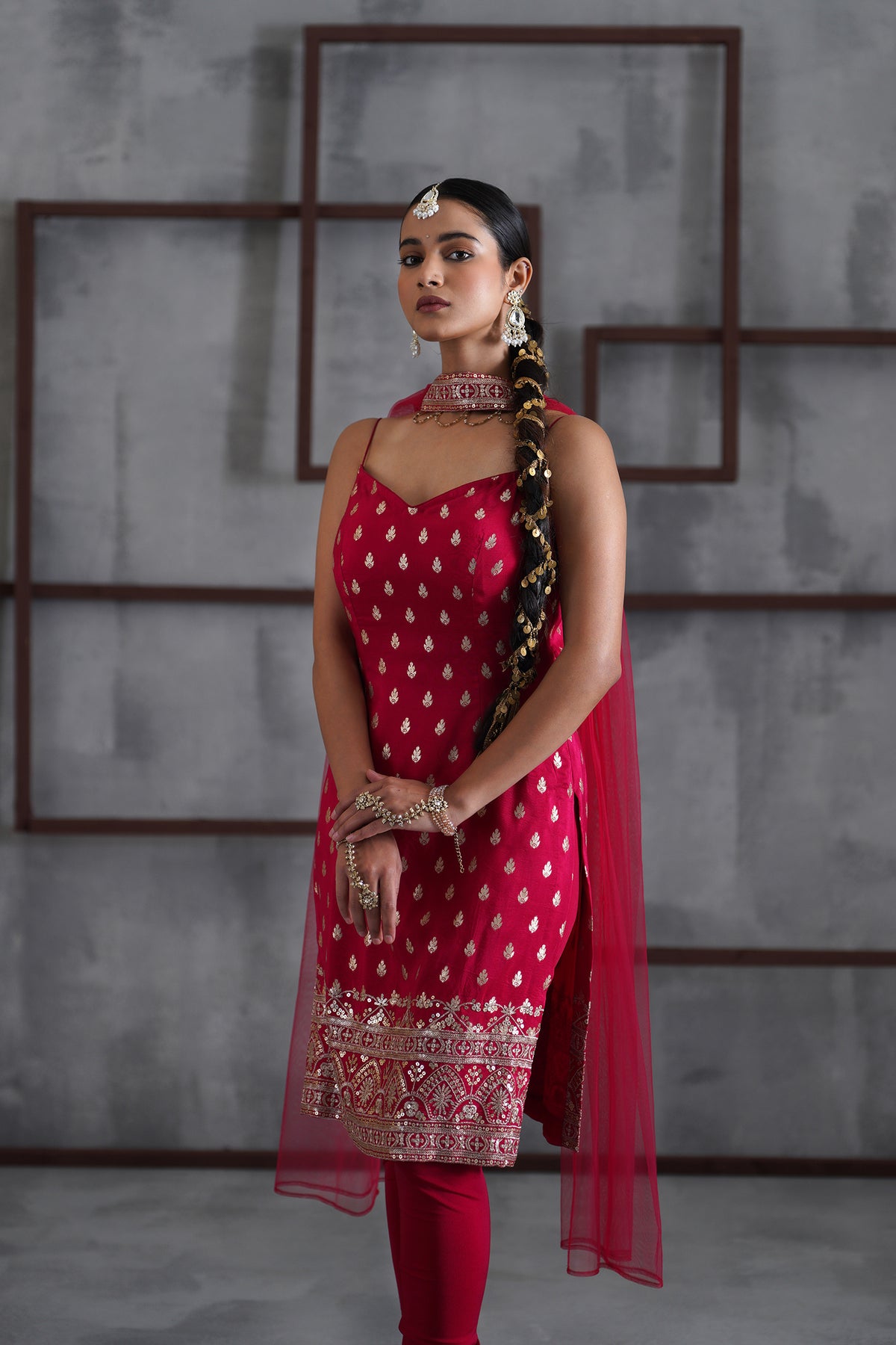 Fuchsia Kurti, Churidar And Chhoker Dupatta