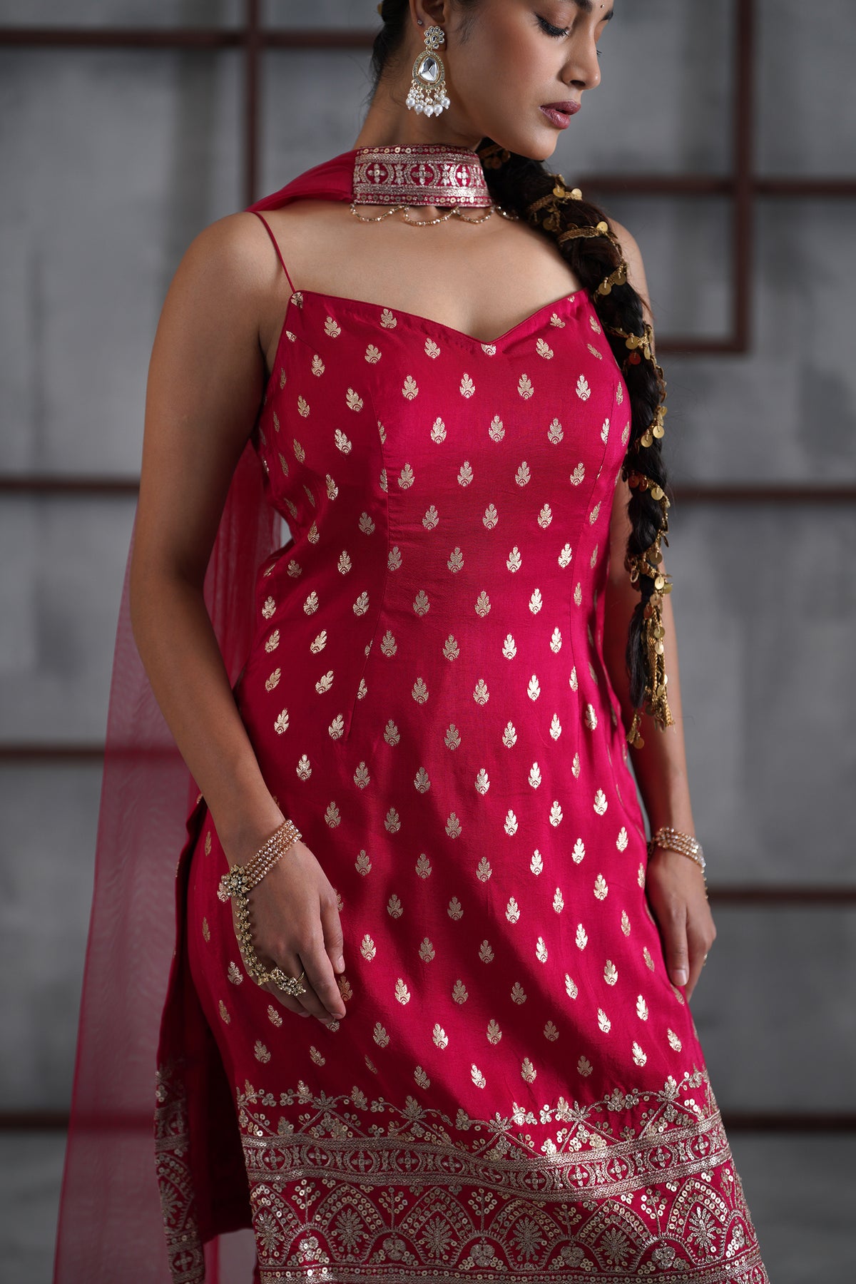Fuchsia Kurti, Churidar And Chhoker Dupatta