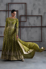 Mehendi Green Embroidered Anarkali Churidar Dupatta