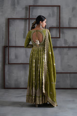 Mehendi Green Embroidered Anarkali Churidar Dupatta