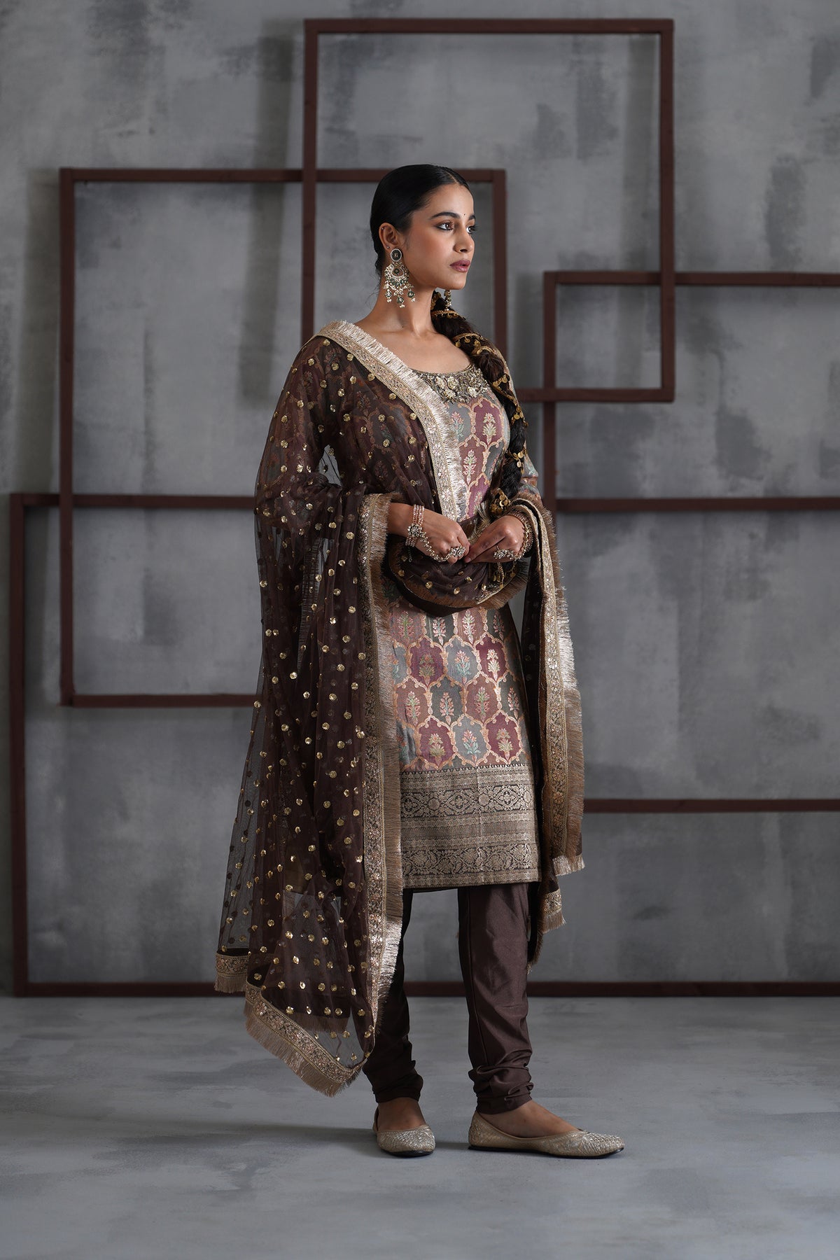 Brown Brocade Kurti, Churidar And Dupatta