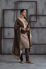 Brown Brocade Kurti, Churidar And Dupatta