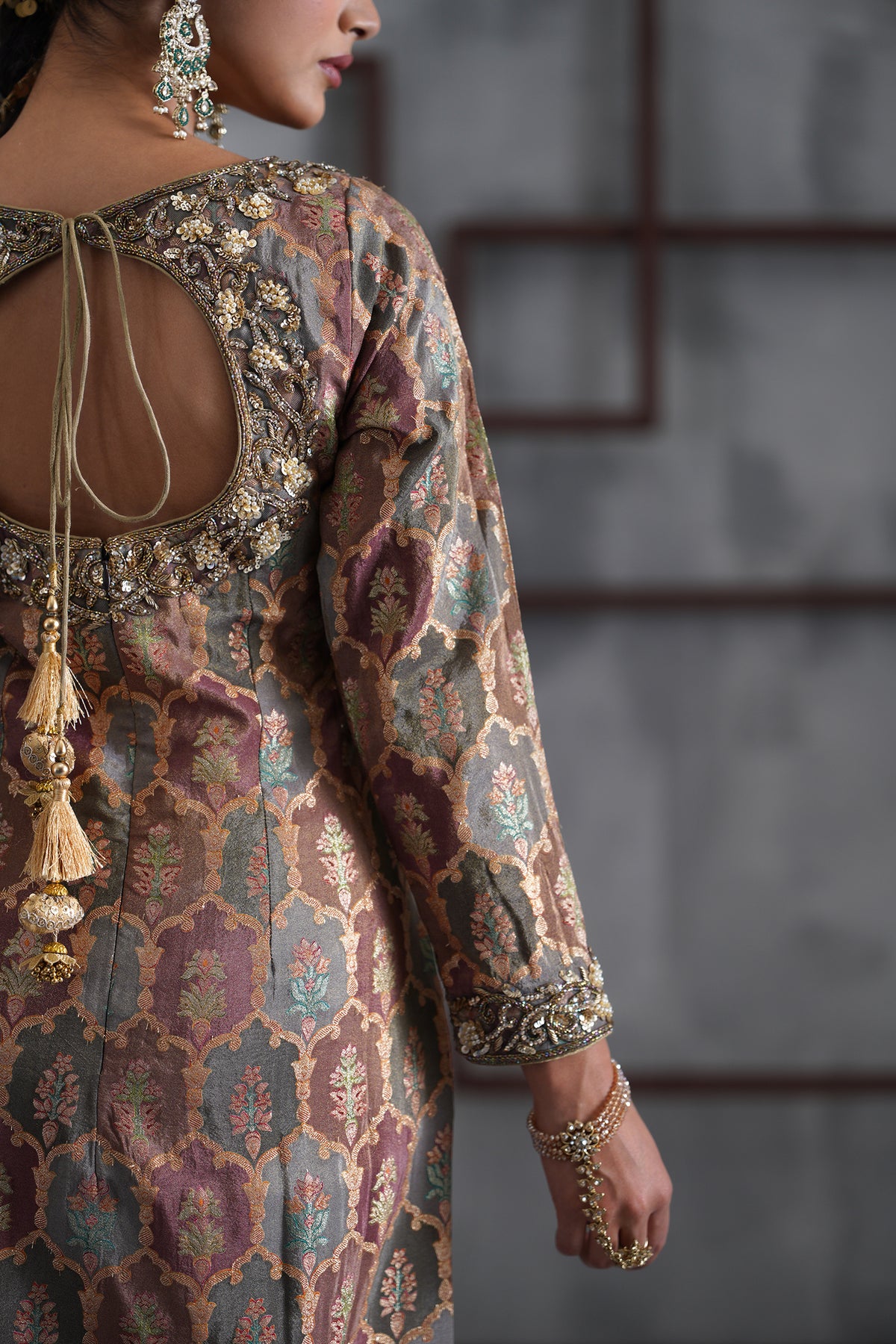 Brown Brocade Kurti, Churidar And Dupatta