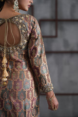 Brown Brocade Kurti, Churidar And Dupatta