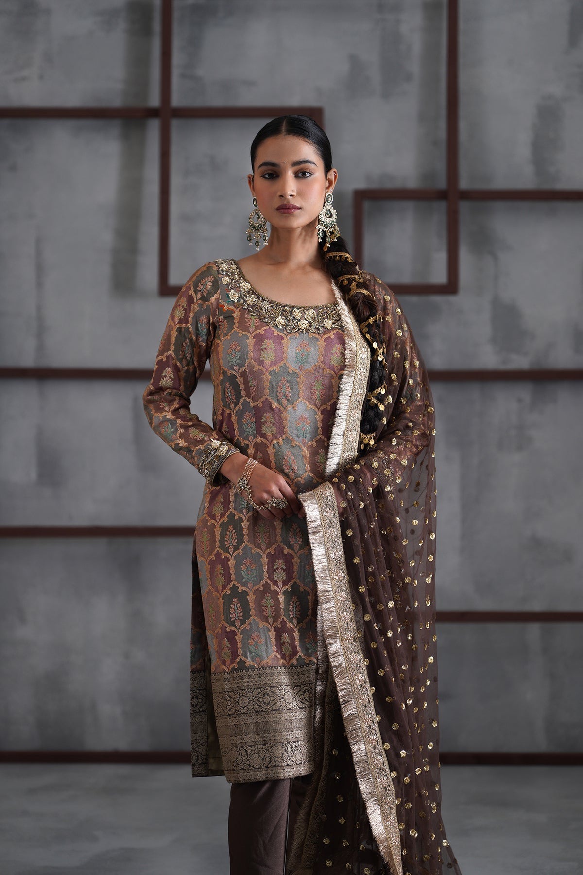 Brown Brocade Kurti, Churidar And Dupatta