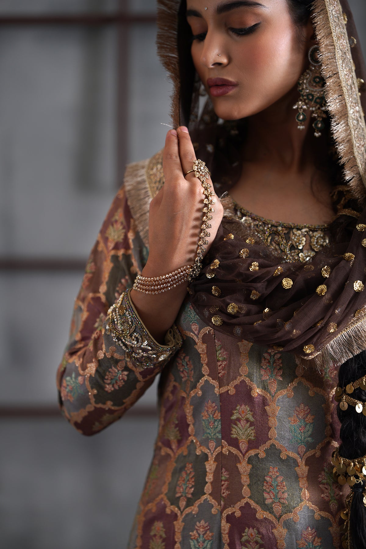 Brown Brocade Kurti, Churidar And Dupatta