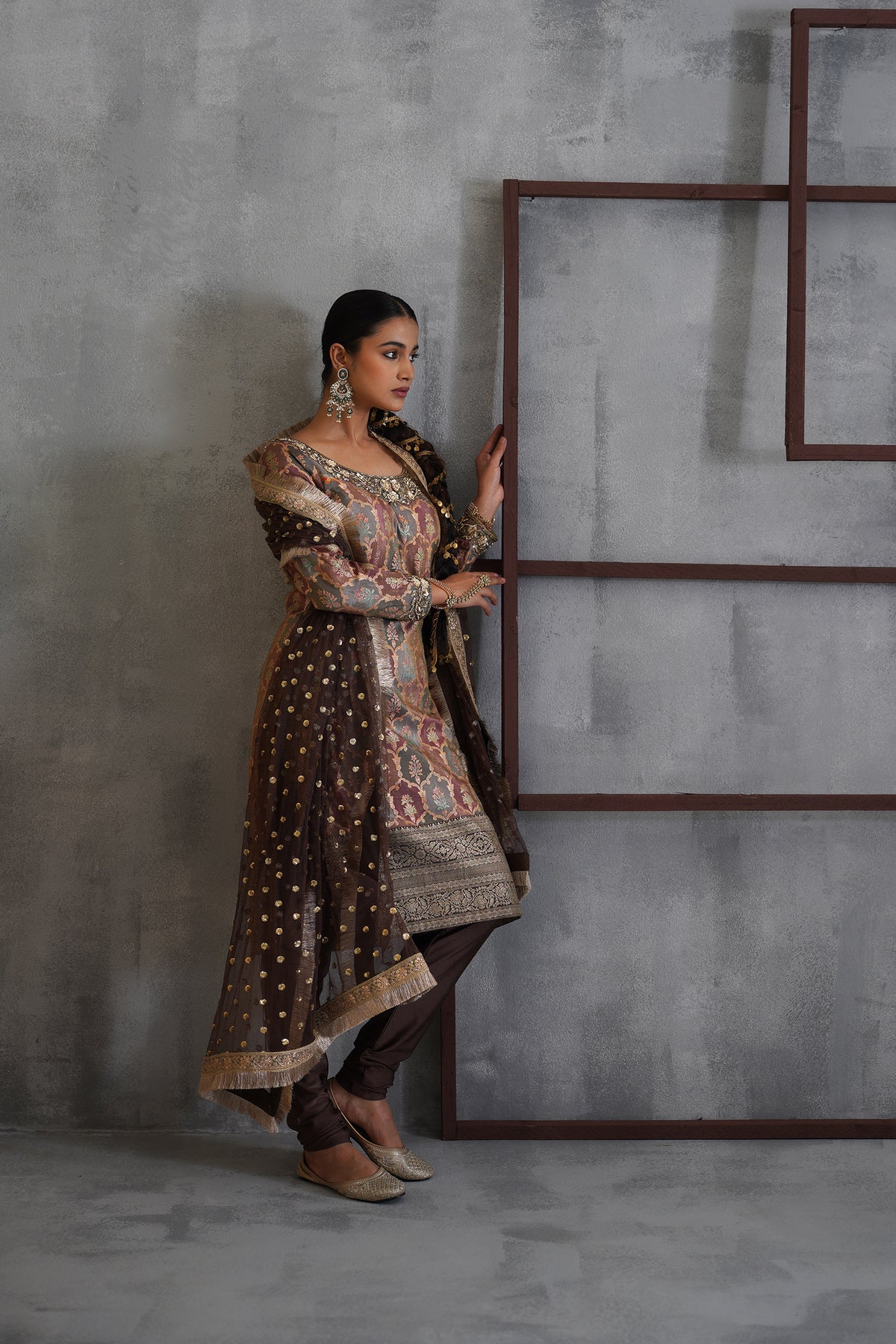 Brown Brocade Kurti, Churidar And Dupatta