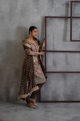 Brown Brocade Kurti, Churidar And Dupatta