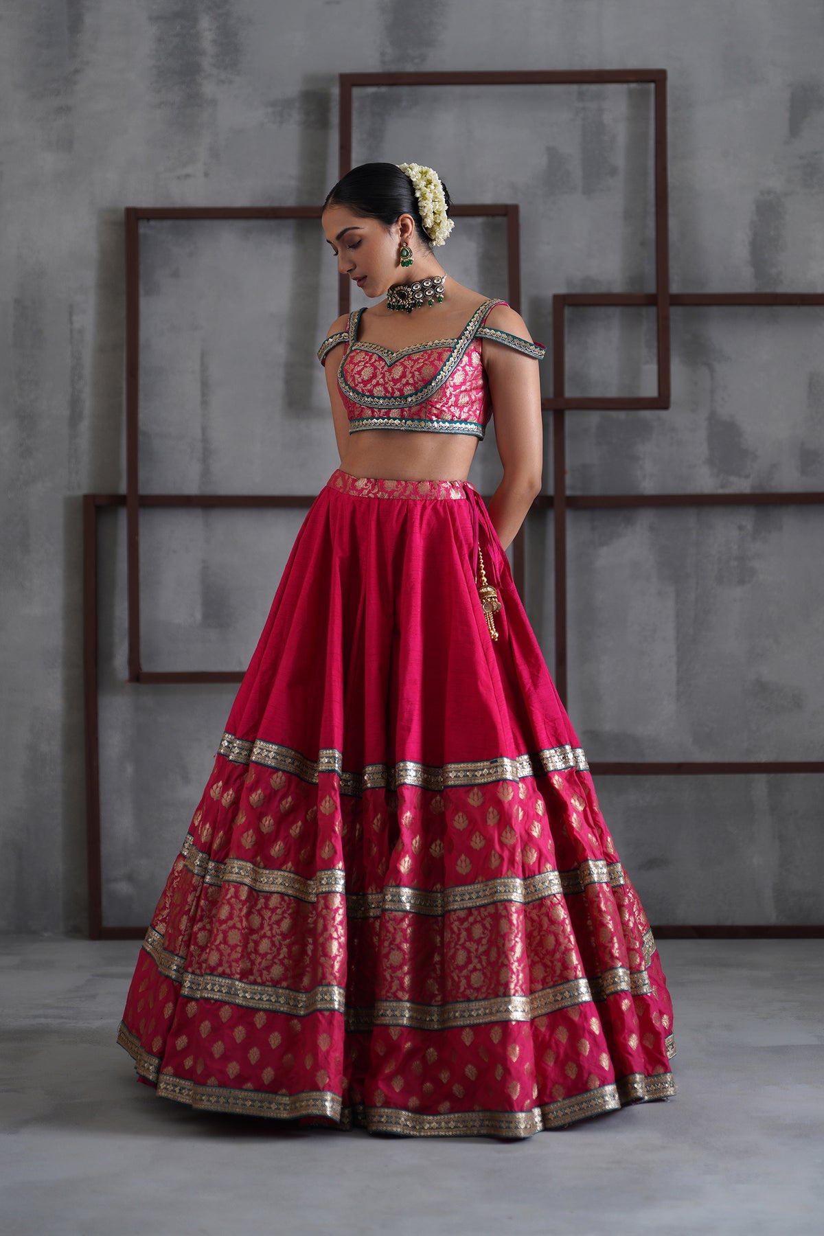 Hot Pink Brocade Blouse, Lehanga And Dupatta