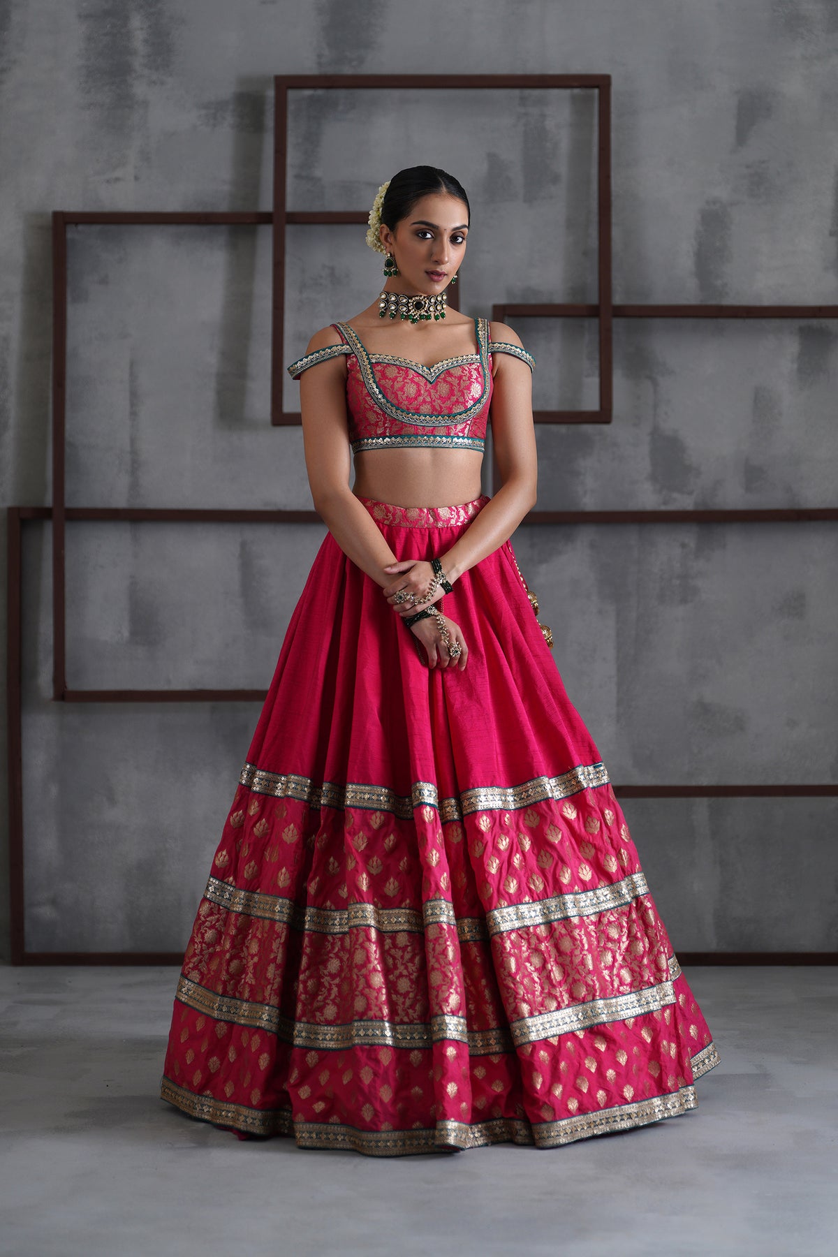 Hot Pink Brocade Blouse, Lehanga And Dupatta