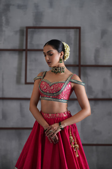 Hot Pink Brocade Blouse, Lehanga And Dupatta