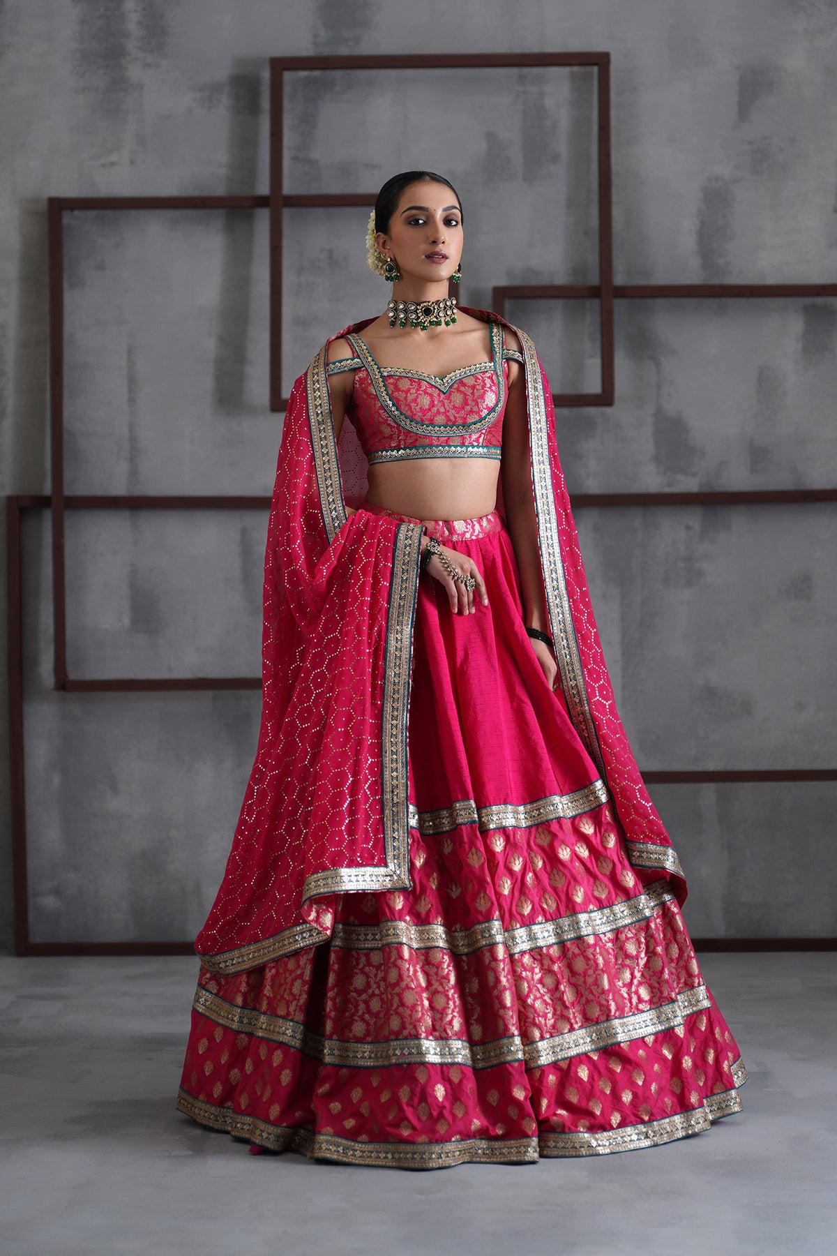 Hot Pink Brocade Blouse, Lehanga And Dupatta