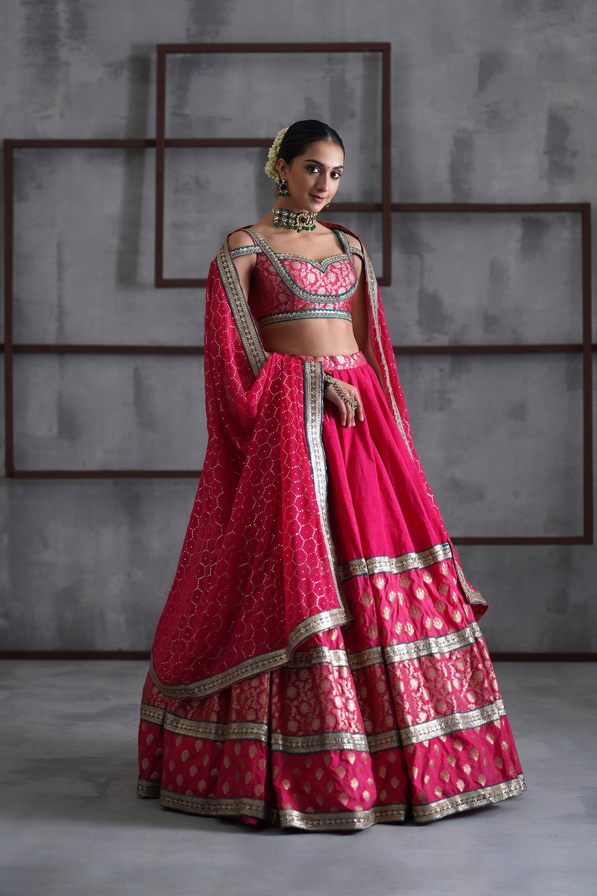 Hot Pink Brocade Blouse, Lehanga And Dupatta