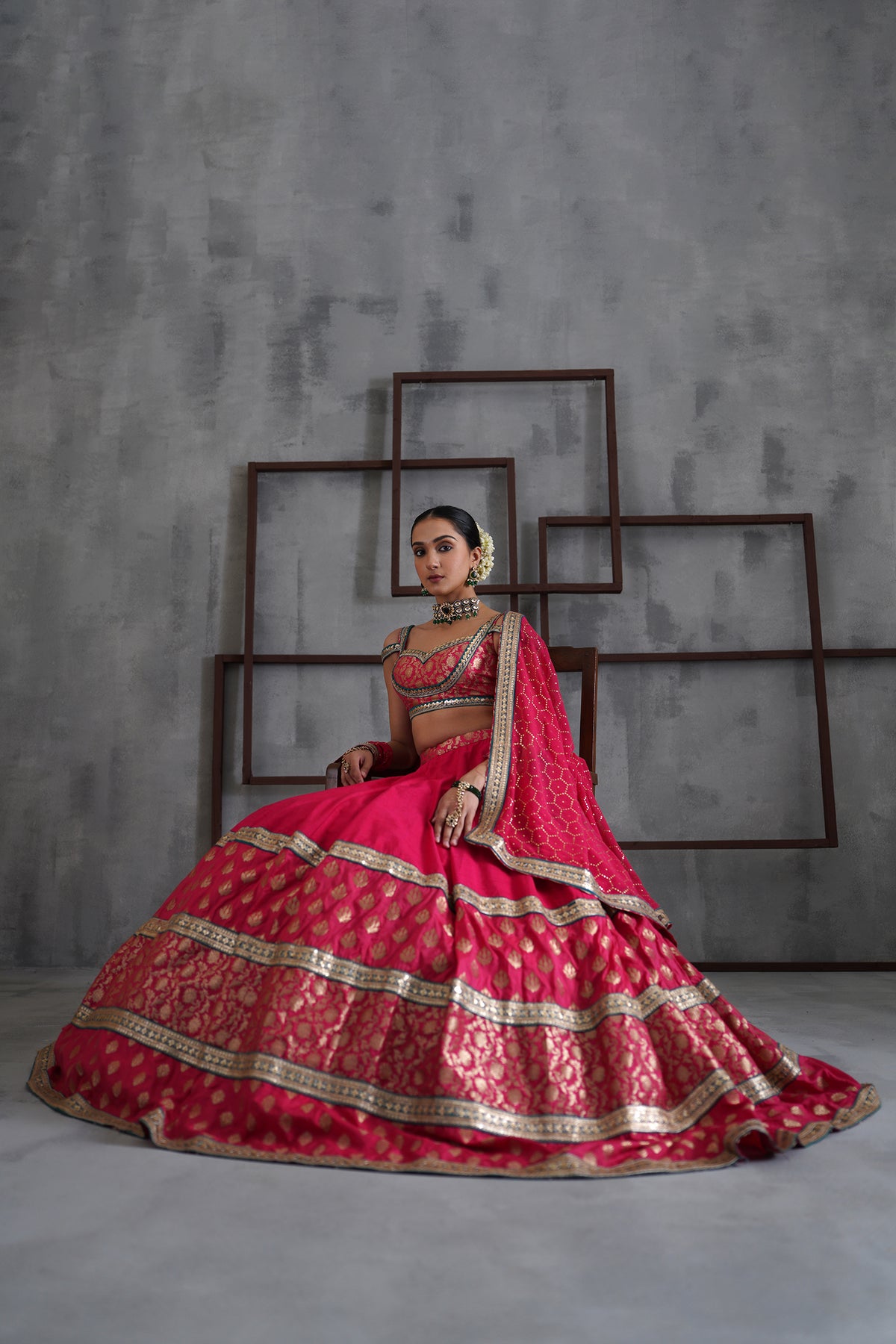 Hot Pink Brocade Blouse, Lehanga And Dupatta
