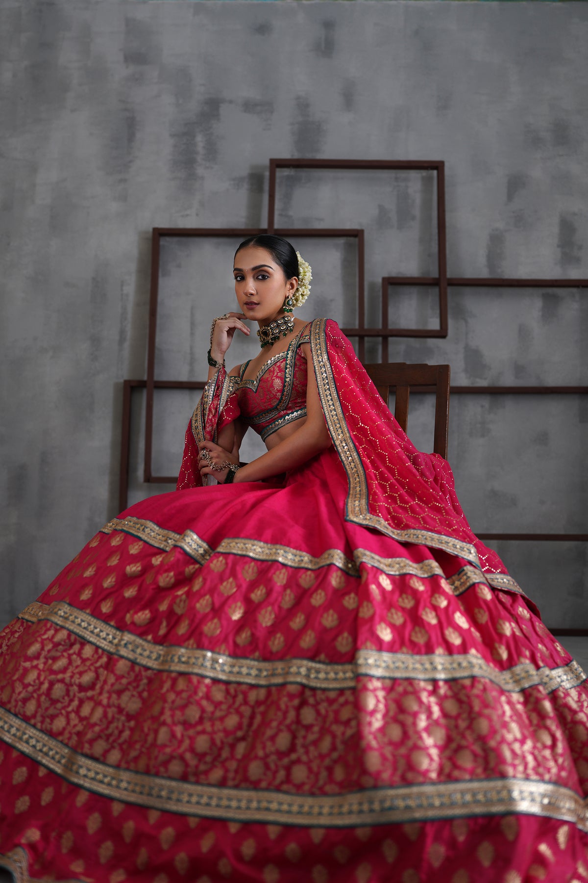 Hot Pink Brocade Blouse, Lehanga And Dupatta