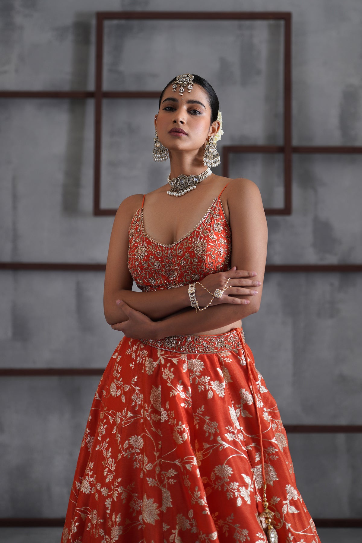 Orange Embroidered Bustier, Banarsi Lehenga And Dupatta