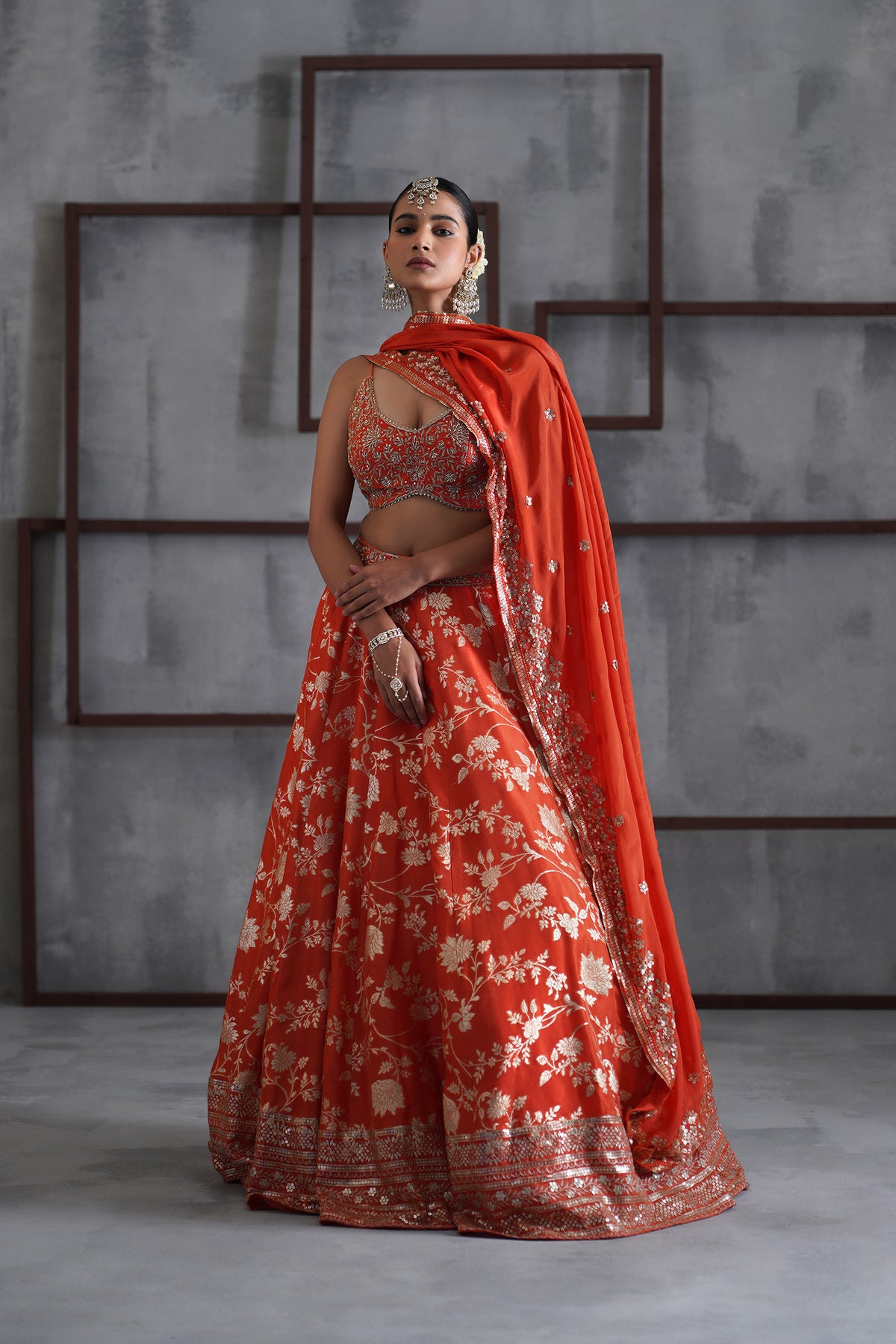 Orange Embroidered Bustier, Banarsi Lehenga And Dupatta