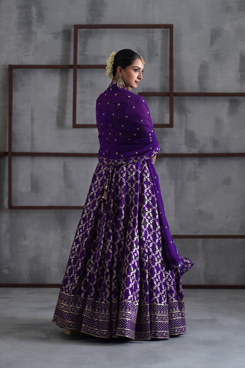 Purple Embroidered Blouse, Banarsi Lehenga And Dupatta
