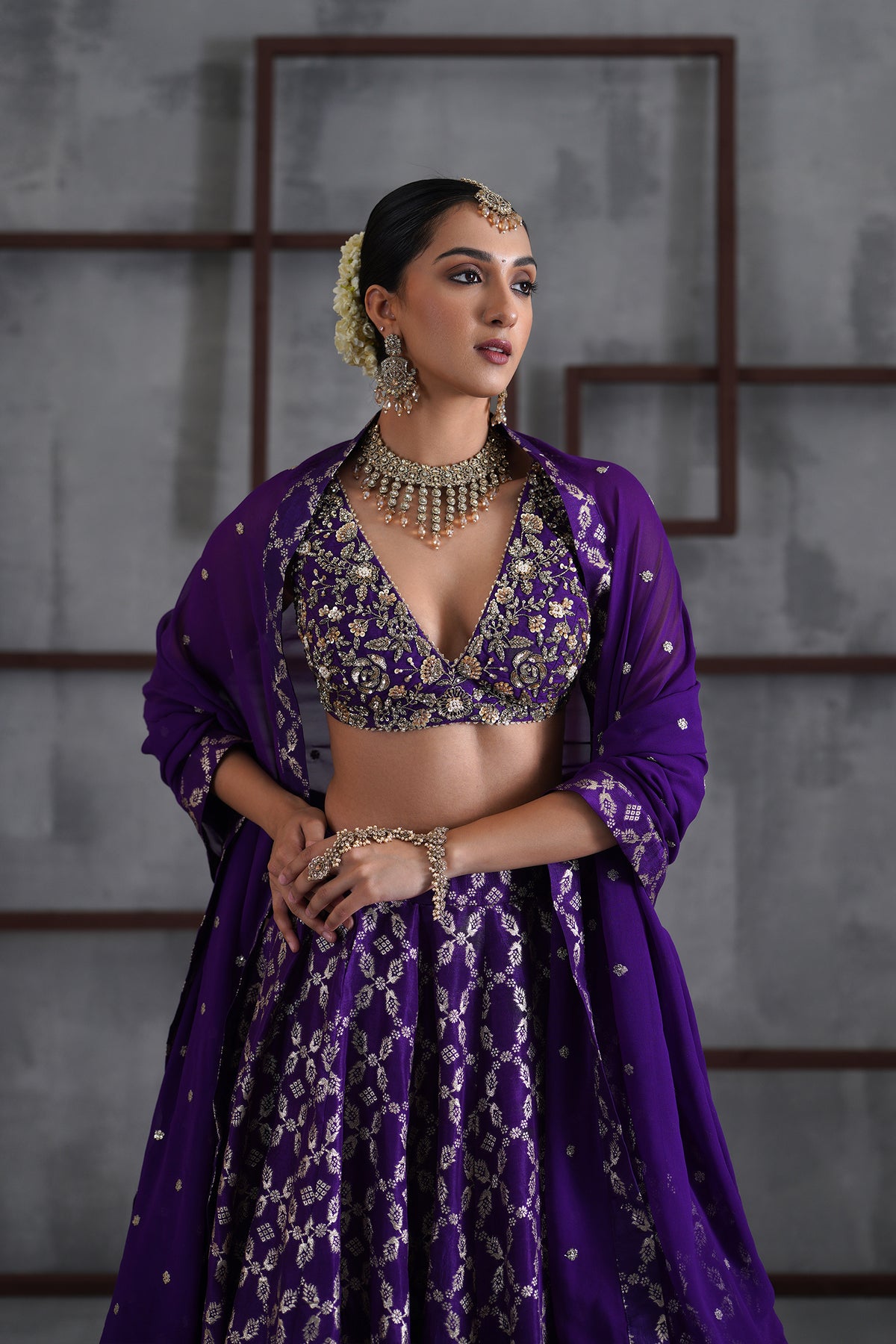Purple Embroidered Blouse, Banarsi Lehenga And Dupatta