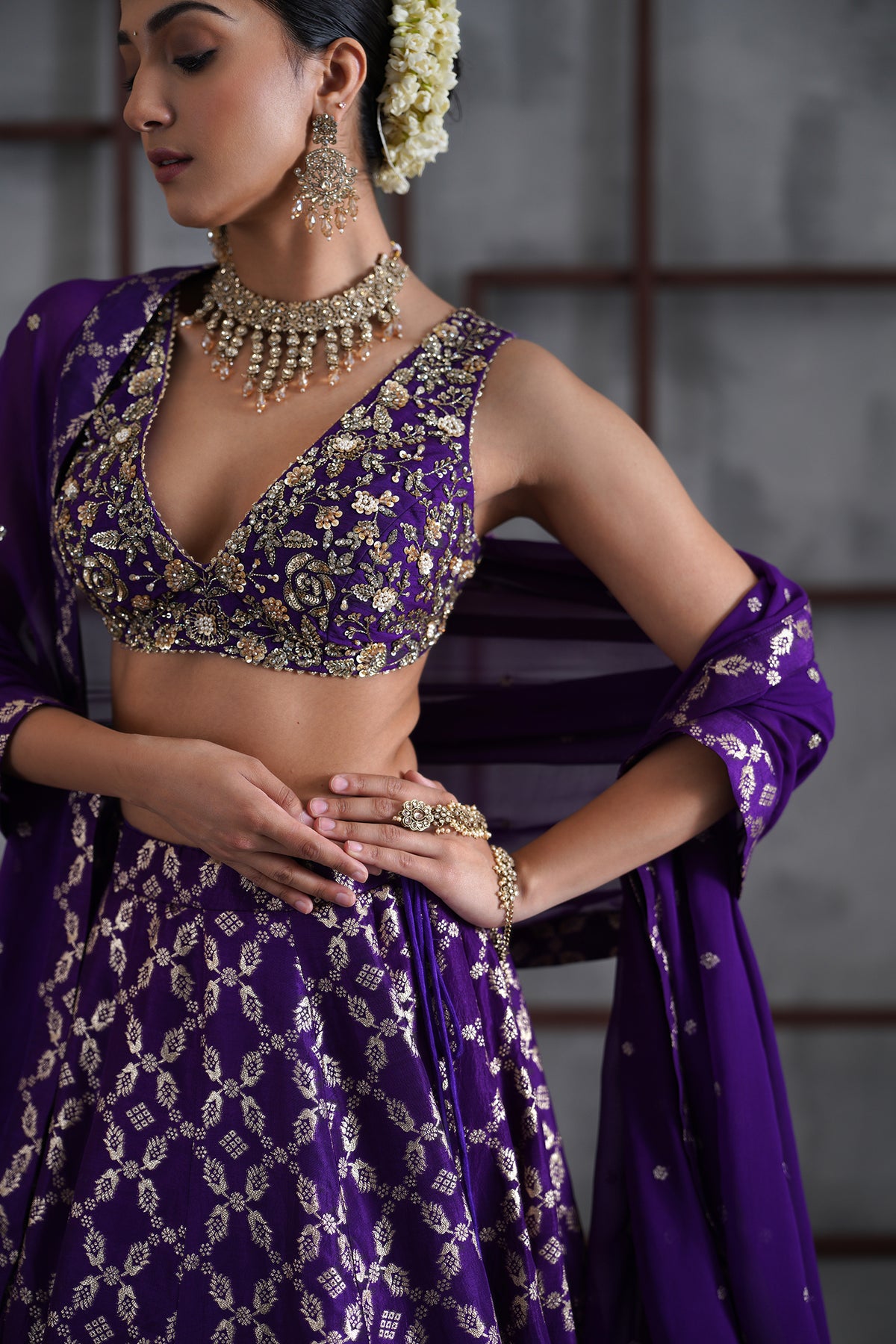 Purple Embroidered Blouse, Banarsi Lehenga And Dupatta