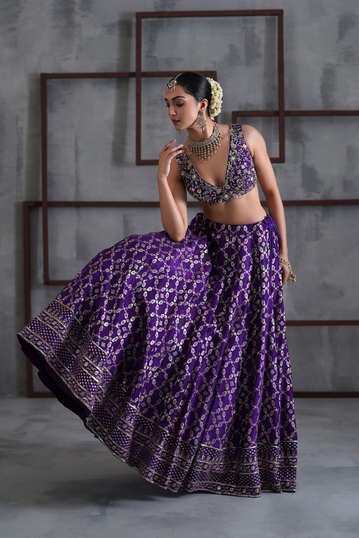 Purple Embroidered Blouse, Banarsi Lehenga And Dupatta