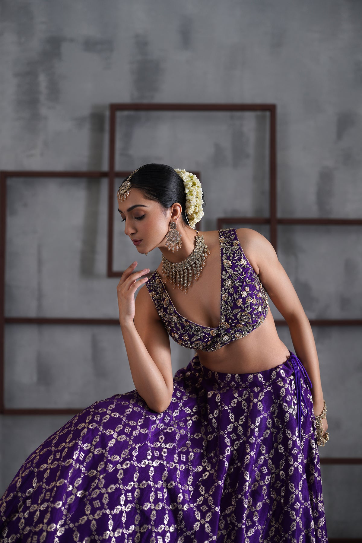 Purple Embroidered Blouse, Banarsi Lehenga And Dupatta