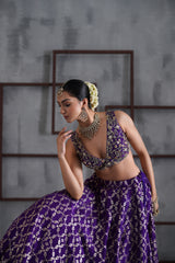Purple Embroidered Blouse, Banarsi Lehenga And Dupatta