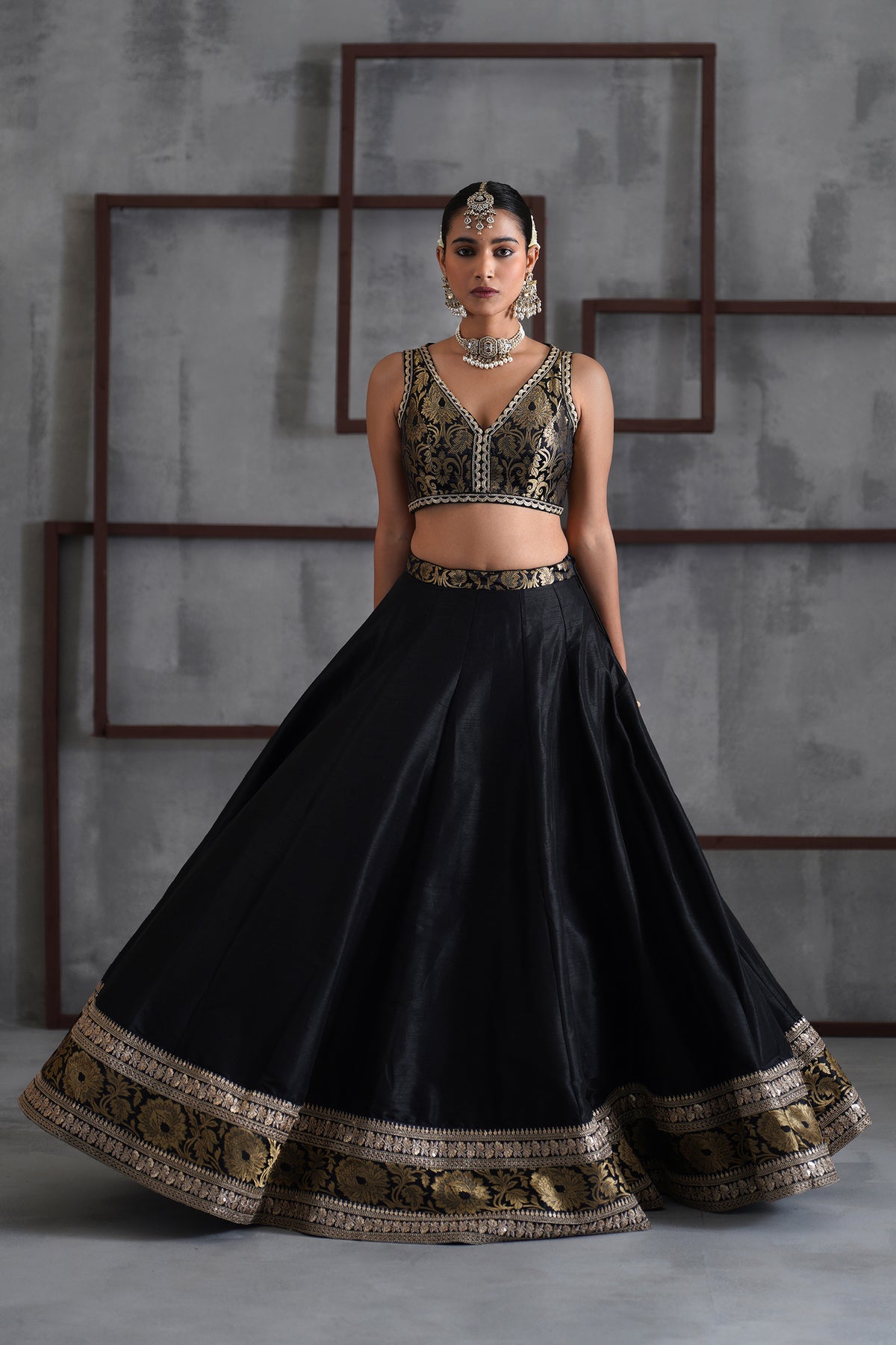 Black Brocade Blouse, Lehenga And Dupatta