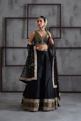Black Brocade Blouse, Lehenga And Dupatta