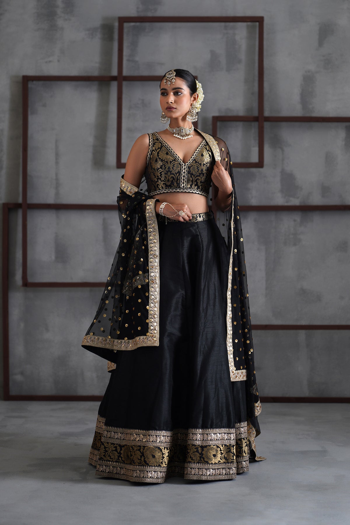 Black Brocade Blouse, Lehenga And Dupatta