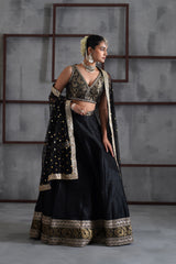 Black Brocade Blouse, Lehenga And Dupatta