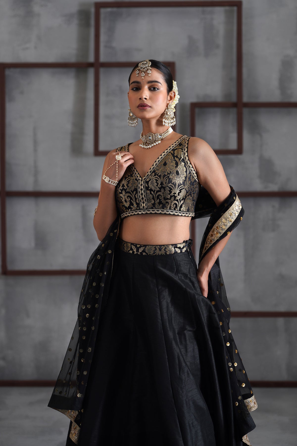 Black Brocade Blouse, Lehenga And Dupatta
