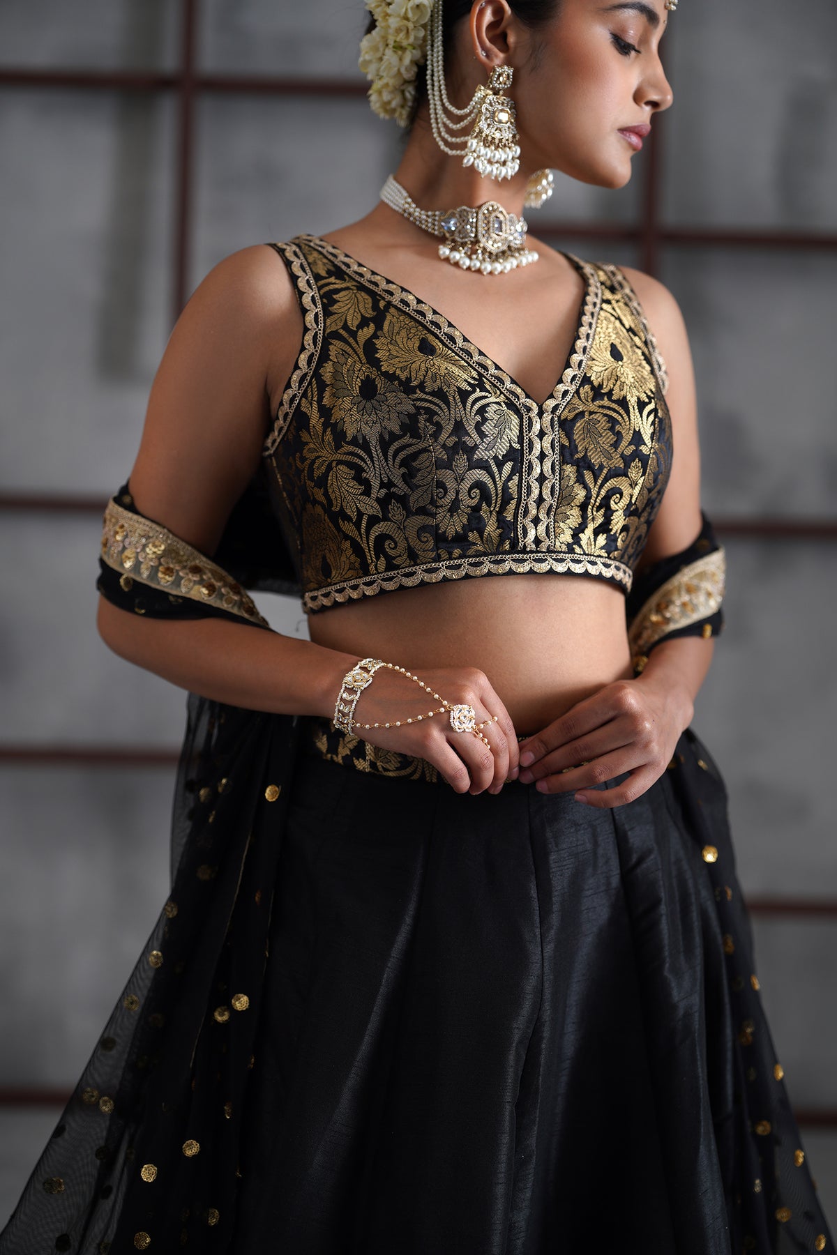 Black Brocade Blouse, Lehenga And Dupatta