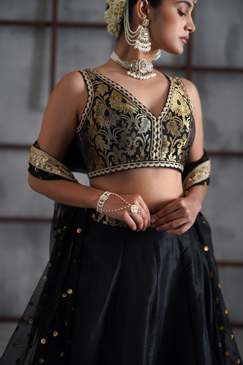Black Brocade Blouse, Lehenga And Dupatta