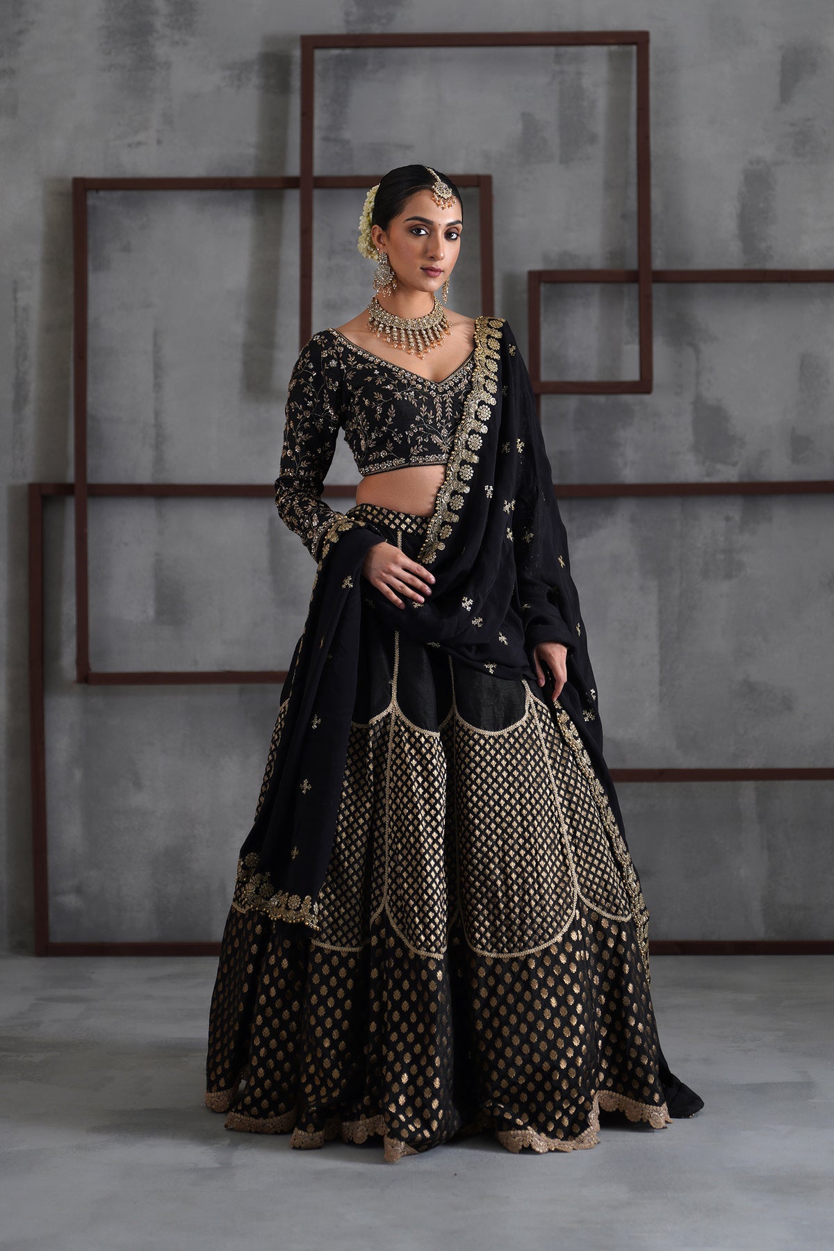 Black Embroidered Blouse, Brocade Lehenga And Dupatta