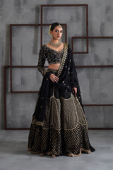 Black Embroidered Blouse, Brocade Lehenga And Dupatta