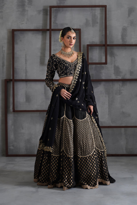 Black Embroidered Blouse, Brocade Lehenga And Dupatta