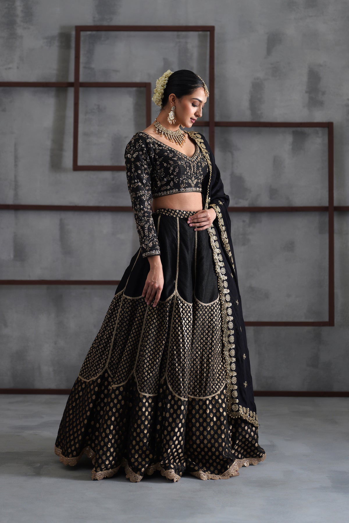 Black Embroidered Blouse, Brocade Lehenga And Dupatta
