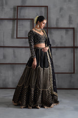 Black Embroidered Blouse, Brocade Lehenga And Dupatta