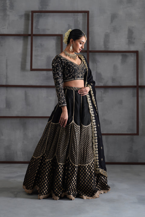 Black Embroidered Blouse, Brocade Lehenga And Dupatta