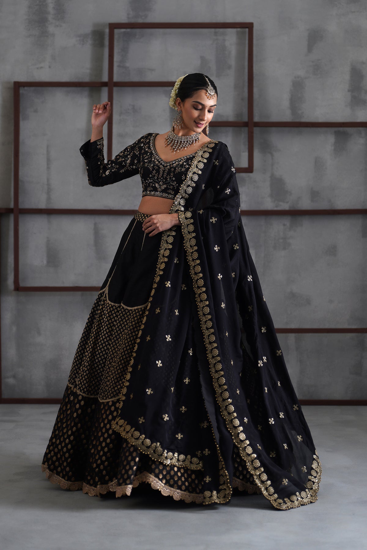 Black Embroidered Blouse, Brocade Lehenga And Dupatta