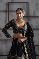 Black Embroidered Blouse, Brocade Lehenga And Dupatta