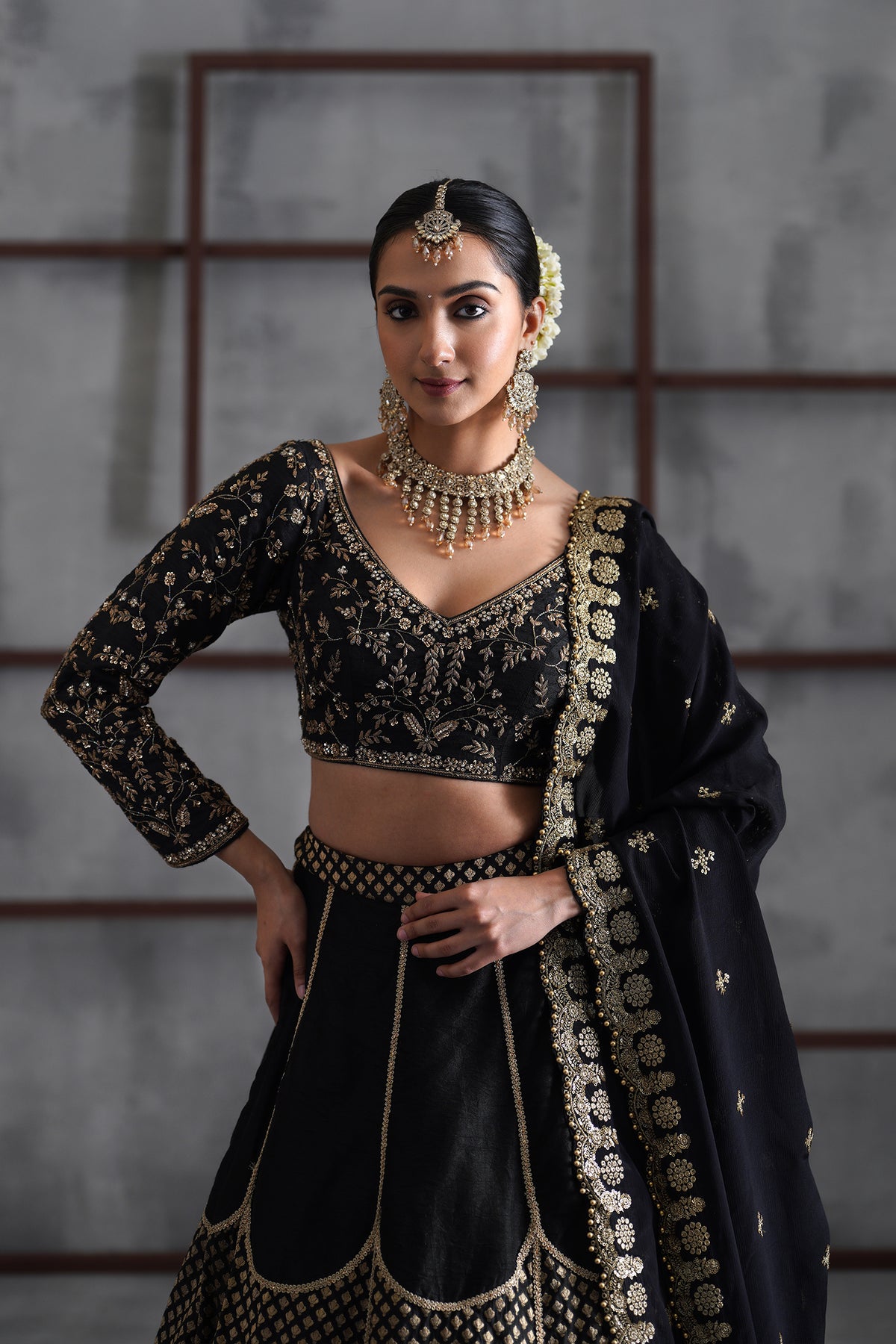 Black Embroidered Blouse, Brocade Lehenga And Dupatta