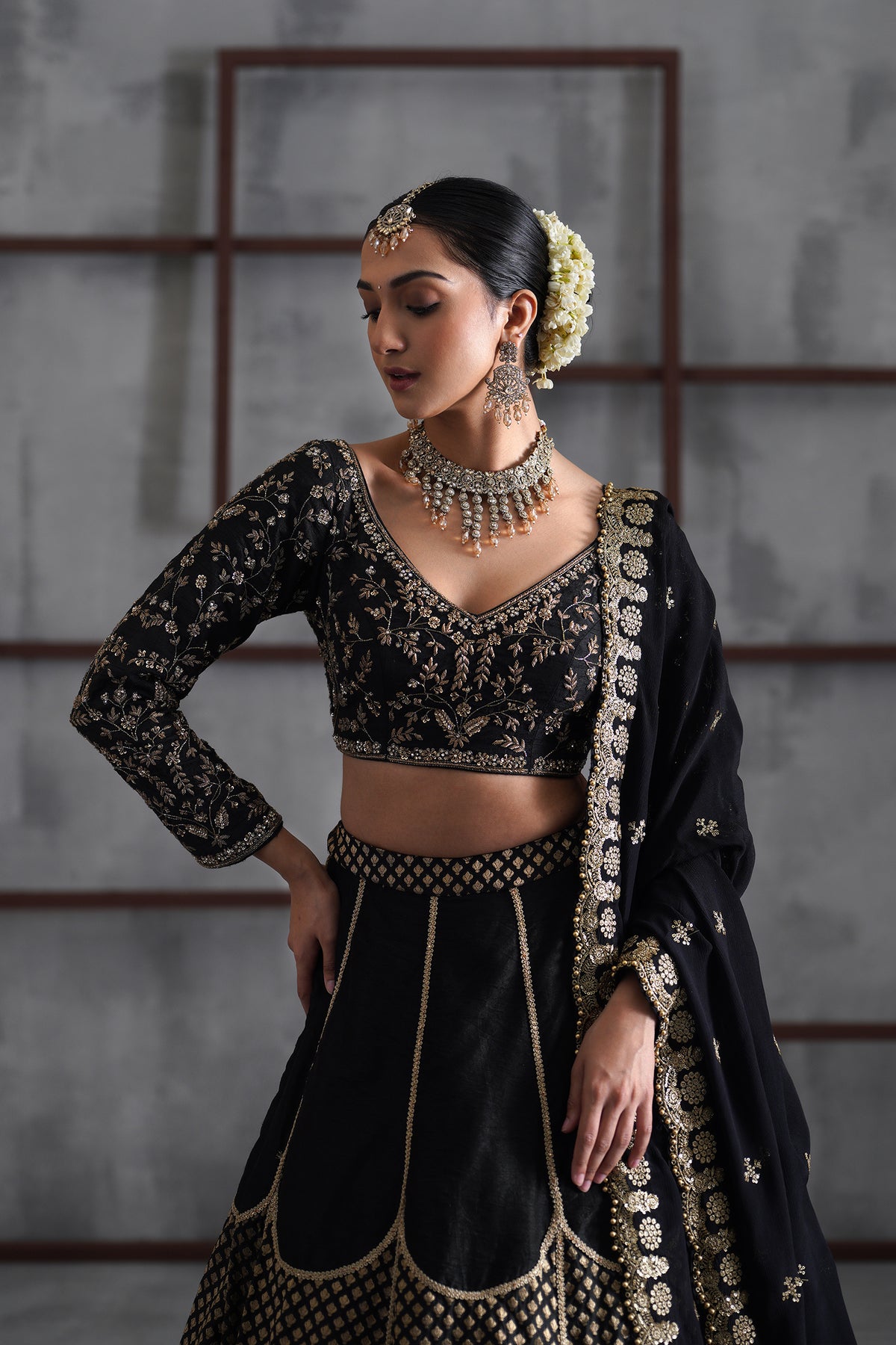 Black Embroidered Blouse, Brocade Lehenga And Dupatta
