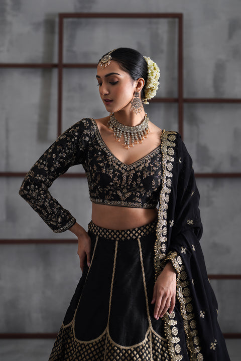 Black Embroidered Blouse, Brocade Lehenga And Dupatta