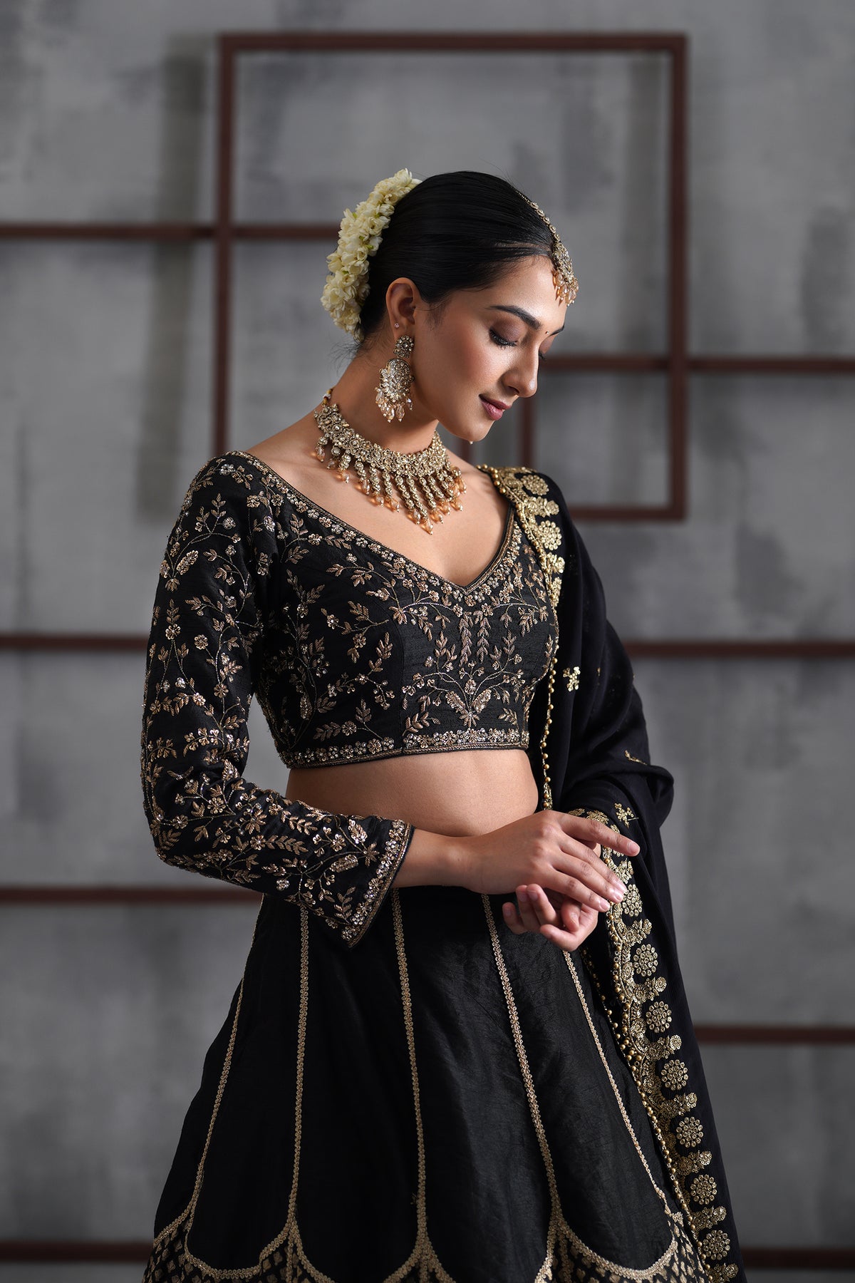 Black Embroidered Blouse, Brocade Lehenga And Dupatta