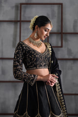 Black Embroidered Blouse, Brocade Lehenga And Dupatta