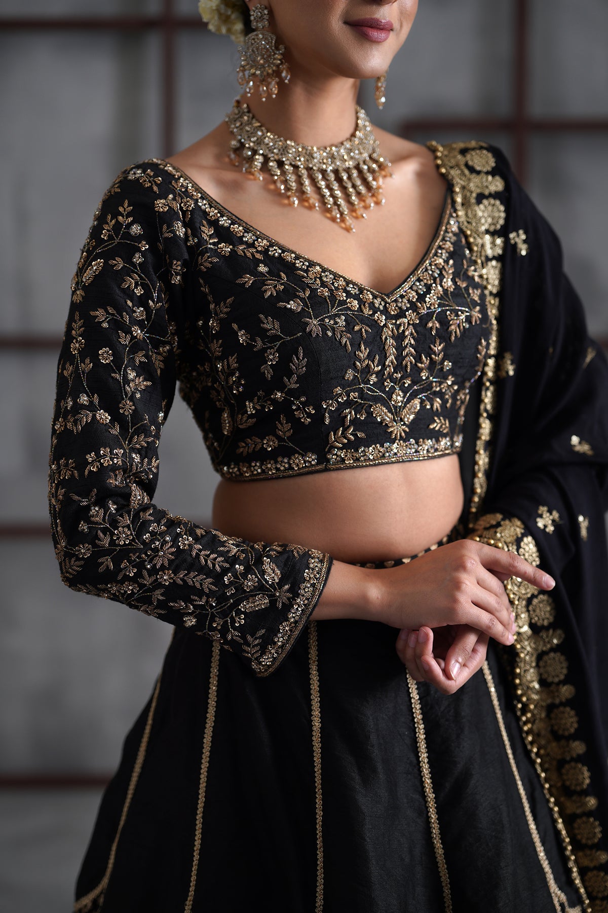 Black Embroidered Blouse, Brocade Lehenga And Dupatta