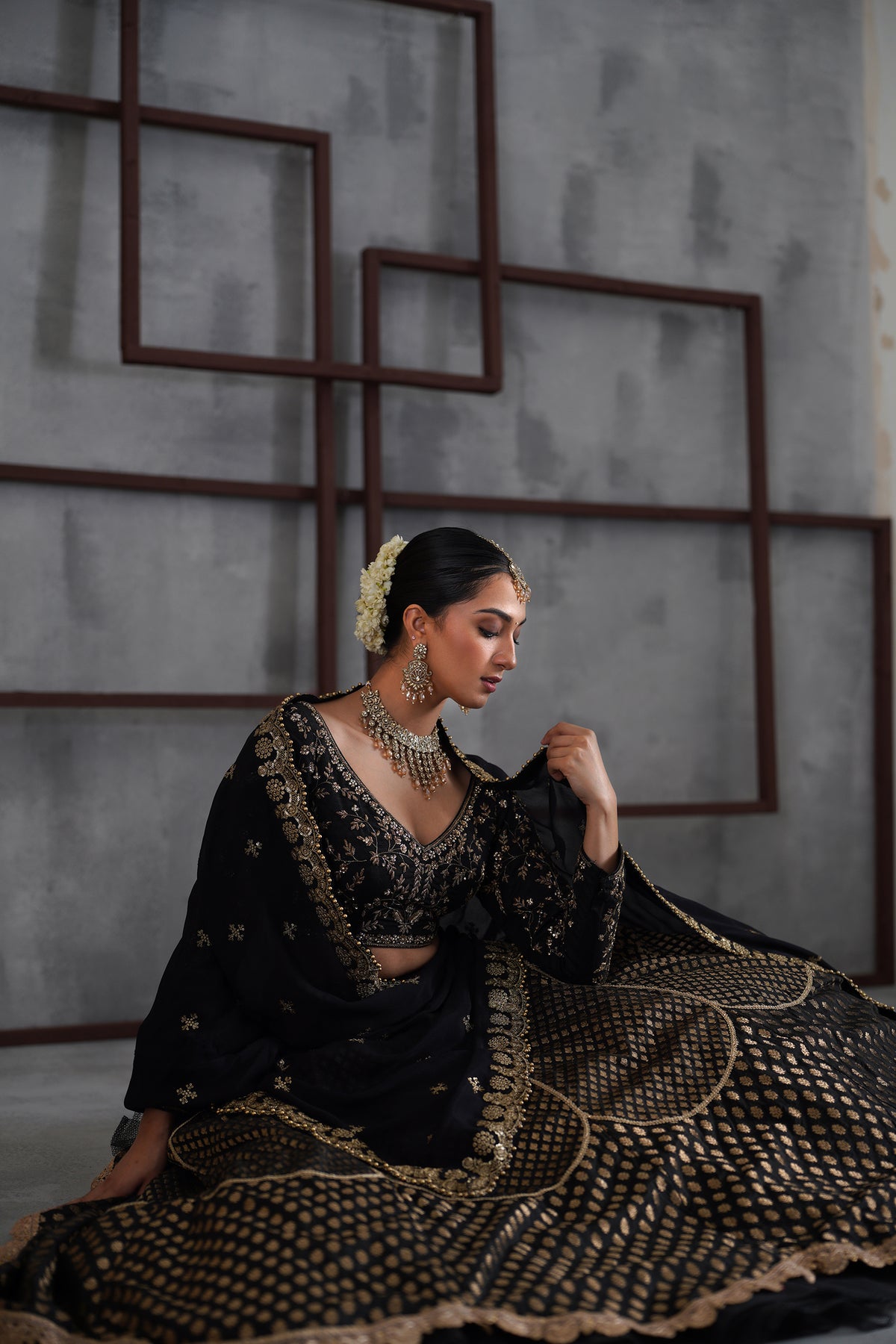 Black Embroidered Blouse, Brocade Lehenga And Dupatta