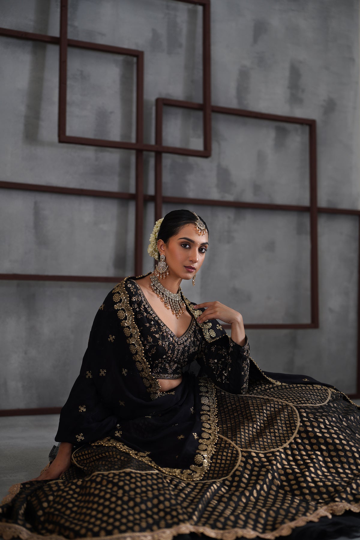 Black Embroidered Blouse, Brocade Lehenga And Dupatta